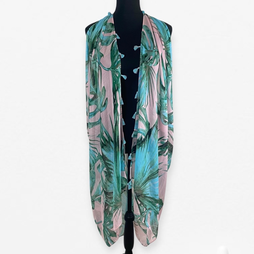 Pool to Party Subtle Luxury Tropical Leafy Blue pink Kimono cover up OS